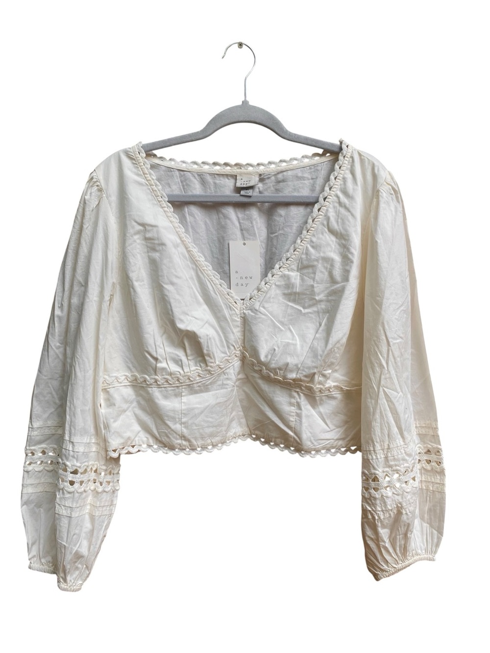A NEW DAY Cropped Blouse Eyelet Lace Peasant Boho Cream Cotton Size XL NWT